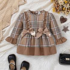 Brown Dresses Children's Clothing Shein Baby Girl Plaid Print Flare Sleeve Bow Front Dress