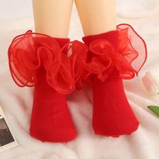 Red Underwear Shein 1pair Kids' Solid Color Glitter Lace Trim Ankle Socks