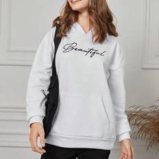 White Hoodies Shein Teen Girl Letter Graphic Kangaroo Pocket Hoodie