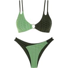 Zaful Two Tone O-ring Honeycomb Textured Bikini Swimwear - Green