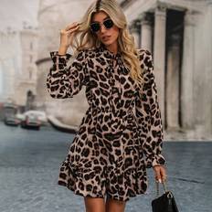 Shein Klänningar Shein Leopard Print Tie Neck Flounce Sleeve Ruffle Hem Dress