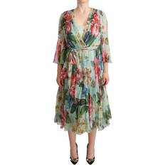 Midi Dresses - XXXS Dolce & Gabbana Green Floral Long Sleeves V-neck Midi Women's Dress