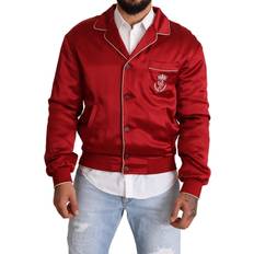 Dolce & Gabbana Red Outerwear Dolce & Gabbana Red Silk Button DG Logo Bomber Men's Jacket