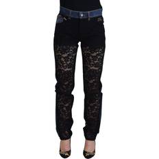 Floral Jeans Dolce & Gabbana Black Floral Lace Front Skinny Denim Jeans IT40