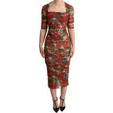 Dolce & Gabbana Red Floral Print Tulle Sheath Midi Dress IT38