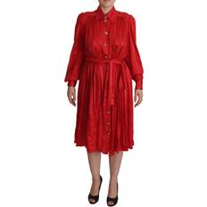 Men - Midi Dresses Dolce & Gabbana Red Button Down Belted Midi Satin Silk Women's Dress