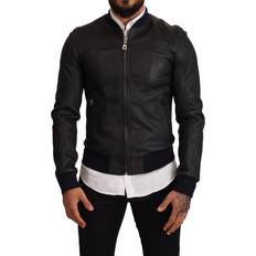 Blåa - Skinnjackor Dolce & Gabbana Blue Leather Full Zip Bomber Men Jacket IT48