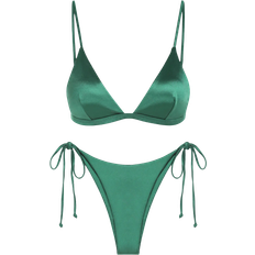 M Bikini Sets Zaful Shiny Silky Tie Side Tanga Bikini Swimwear - Deep Green