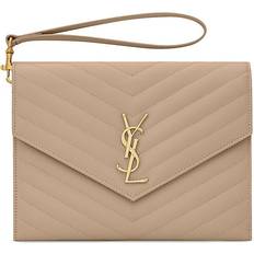 Detachable Wrist Strap Handbags Saint Laurent Monogram Quilted Clutch - Beige