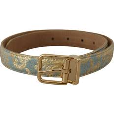 Dolce & Gabbana Belts Dolce & Gabbana Blue Leather Jacquard Embossed Gold Metal Buckle Belt