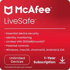 McAfee LiveSafe Digital Download for Unlimited Devices Annual Renewable Subscription, 1 Year Included