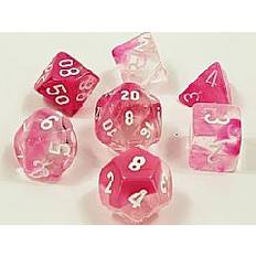 Chessex Dice TerningesÃ¦t 7 terninger Gemini Polyhedral Luminary Glow-in-the-Dark Clear-Pink With White Lab