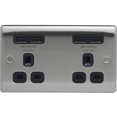 BG Power Strips & Extension Cords BG BG Nexus Metal Brushed Steel 2 Gang Plug Socket with 4 x USB Outlets Outlet Black Insert 13A NBS24U44B