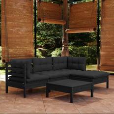 vidaXL Divani Giardino 5 pz Con Cuscini Neri in Legno di Pino - Nero Set da Lounge da Esterno, 1 Tavolo incluso 2 Divani