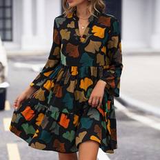 Kurze Kleider - Mehrfarbig Shein Allover Print Ruffle Hem Smock Dress