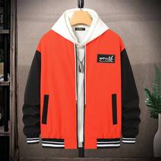 Men - Stripes Outerwear Shein Men Letter Patched Striped Trim Drop Shoulder Bomber Jacket Without Hoodie