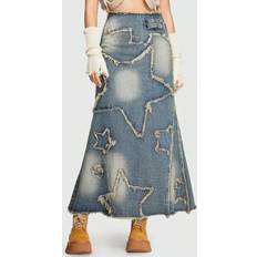 Long Skirts Shein Star Pattern Raw Trim Denim Skirt