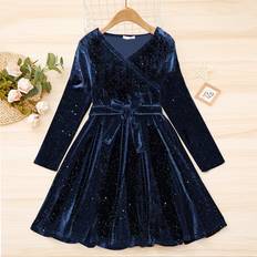 Sammet Barnkläder Shein Girls Glitter Velvet Belted Flared Dress