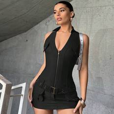 Polyamide Dresses Shein Zip Up Belted Bodycon Dress