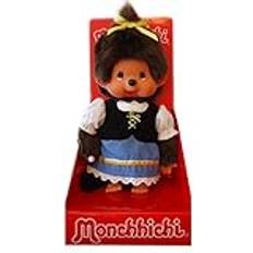 Monchhichi Sekiguchi 242047 Original Bayrisches Mädchen, Plüschtier mit Trachtenkleid und Zopf mit Schleife, ca. 20 cm großes Kuscheltier aus braunem Plüsch