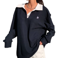 Shirt Collar - Women Jumpers Shein Dazy Kpop Polo Neck Sweatshirt - Navy Blue