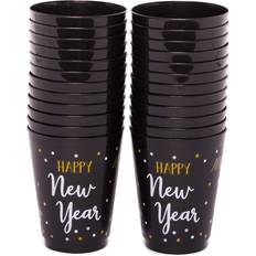 Paper Cups Sparkle and Bash Happy New Year Party Cups, Reusable Plastic NYE Party Supplies Black, 16 oz, 24 Pack