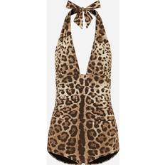 Dolce & Gabbana Brown Swimwear Dolce & Gabbana ONE-PIECE SWIMSUIT WITH PLUNGING NECKLINE AND LEOPARD PRINT