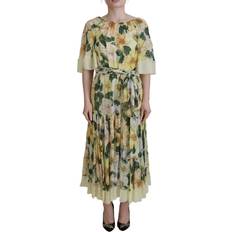 Dolce & Gabbana Yellow Floral Print Pleated Maxi Silk Dress IT40