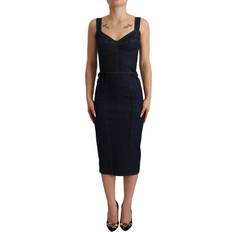 Knee Length Dresses Dolce & Gabbana Dark Blue Denim Sheath Midi Dress Blue