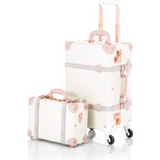 Skinn Kabinväskor COTRUNKAGE Vintage Luggage 2 Pieces Cute Carry Spinner Wheels Cream