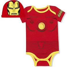 Marvel Avengers Short Sleeve Creeper with Cap, Ironman Bodysuit, Baby Romper, Red, 12M