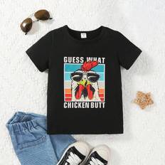 Girls T-shirts Shein Boys' Cartoon Chicken & Letter Print Short Sleeve T-shirt