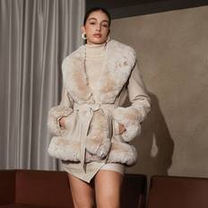 Shein Coats Shein Fuzzy Collar Belted Coat