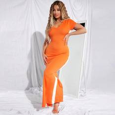 Knee Length Dresses - Orange Shein Contrast Side Split Back Dress