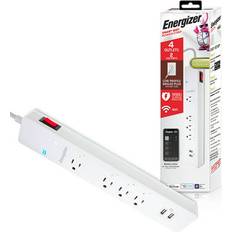 Power Strips & Extension Cords Energizer Smart Wi-Fi 4-Outlet 2 USB Ports Power Strip Surge Protector, 1,200 Joules, Voice Control, White