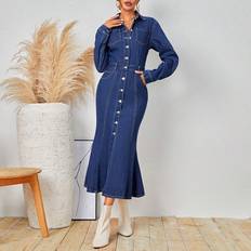 Denim - Long Dresses Shein Button Front Pockets Denim Maxi Dress With Mermaid Hem