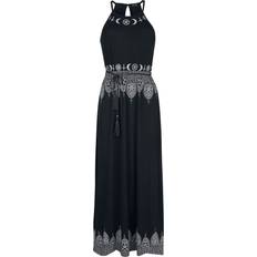 Gothicana by EMP Black Maxi Dress with Prints and Narrow Tie-Belt Long dress black