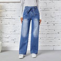 Modal Jeans Shein Women's High Waist Belted Pockets Straight-leg Jeans