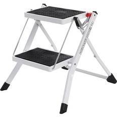 2-stegs stege, hopfällbar stege, stegbredd 20 cm, halkfritt gummi, med handtag, lastkapacitet 150 kg, stål, GS-certifierad, svartvit GSL02WT