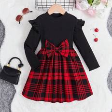 Pojkar Klänningar Shein Little Girls' Plaid Patchwork School Style Dress With Bowknot Detail, Long Sleeve