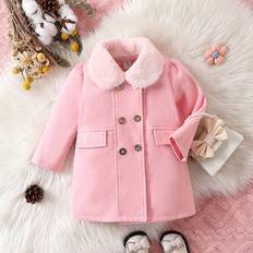 Shein Baby Girls' Dress With Double-breasted Buttons And Fur Collar