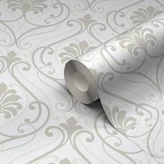 Blain Taupe & White Damask Glitter & Mica Effect Textured Wallpaper