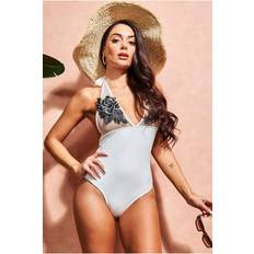 White Swimsuits Goddiva Halter Neck Floral Embroidered Swimsuit White