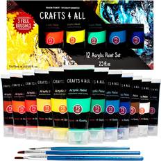 Acrylic Paints Crafts 4 All Acrylic Paint Set for Adults and Kids 12-Pack of 75mL Paints for Canvas, Wood & Ceramic w/ 3 Art Brushes Non-Toxic Craft Paint Sets Stocking Stuffers for Girls and Boys