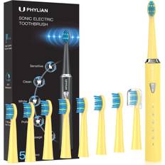 Yellow Electric Toothbrushes Phylian PHYLIAN Sonic Electric Toothbrush for Kids High Power Rechargeable Toothbrushes H7 with 8 Brush Heads, 5 Modes, 3 Hours Fast Charge for 120 Days, Smart Timer, Yellow