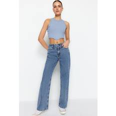 Trendyol Collection Kvinnors mörkblå detaljerad hög midja 90-tal vida ben jeans