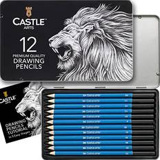 Castle Art Supplies Set med 12 delar, teckningspennor, skisspennor i grafit av hög kvalitet i plåtask. Perfekt nybörjarset med skisspennor eller som extra konstnärsmaterial