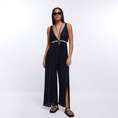 Korta ärmar Jumpsuits & Overaller River Island Womens Black Plunge Beach Jumpsuit Black