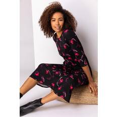 Plis Robes Roman Floral Print Long Sleeve Midi Dress in Black