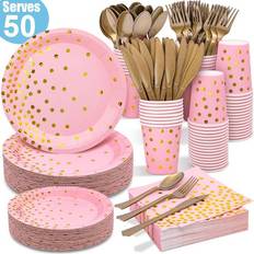 Tiblue Pink and Gold Party Supplies 350PCS Disposable Dinnerware Set Pink Paper Plates Napkins Cups, Gold Plastic Forks Knives Spoons for Birthday Bridal Baby Shower Valentine's Day Bachelor Wedding Party